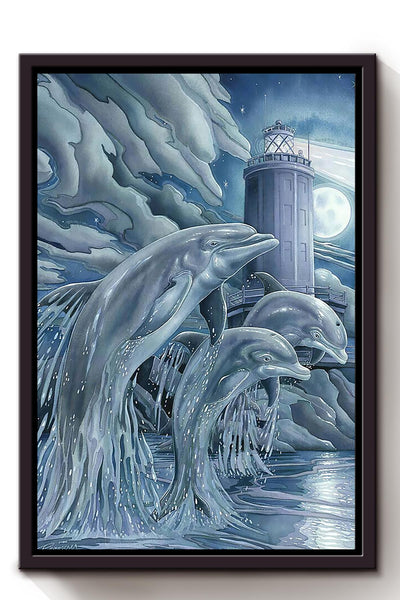 Three Dolphin Beside Lighthouse Dolphin Family In Night Gift For Dolphin Lover Framed Canvas