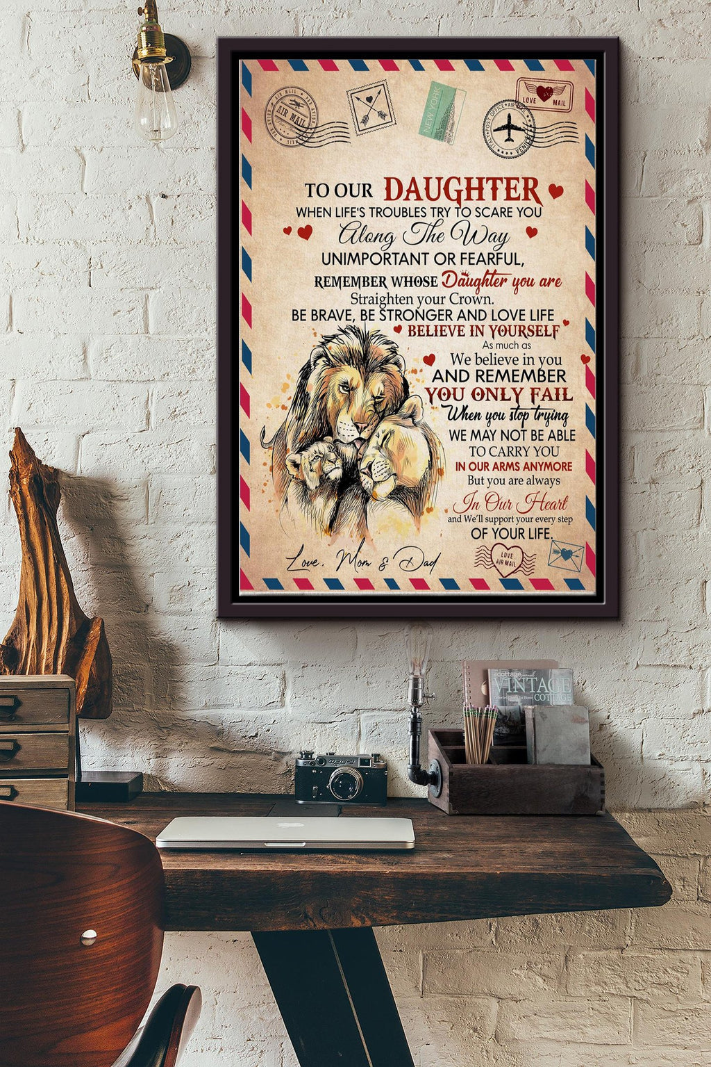 To My Daughter Be Brave Be Stronger And Love Life Poster - Family Wall Art - Gift For Daughter Baby Girls Daughter Birthday Lion Lovers Home Decor Framed Matte Canvas Framed Prints, Canvas