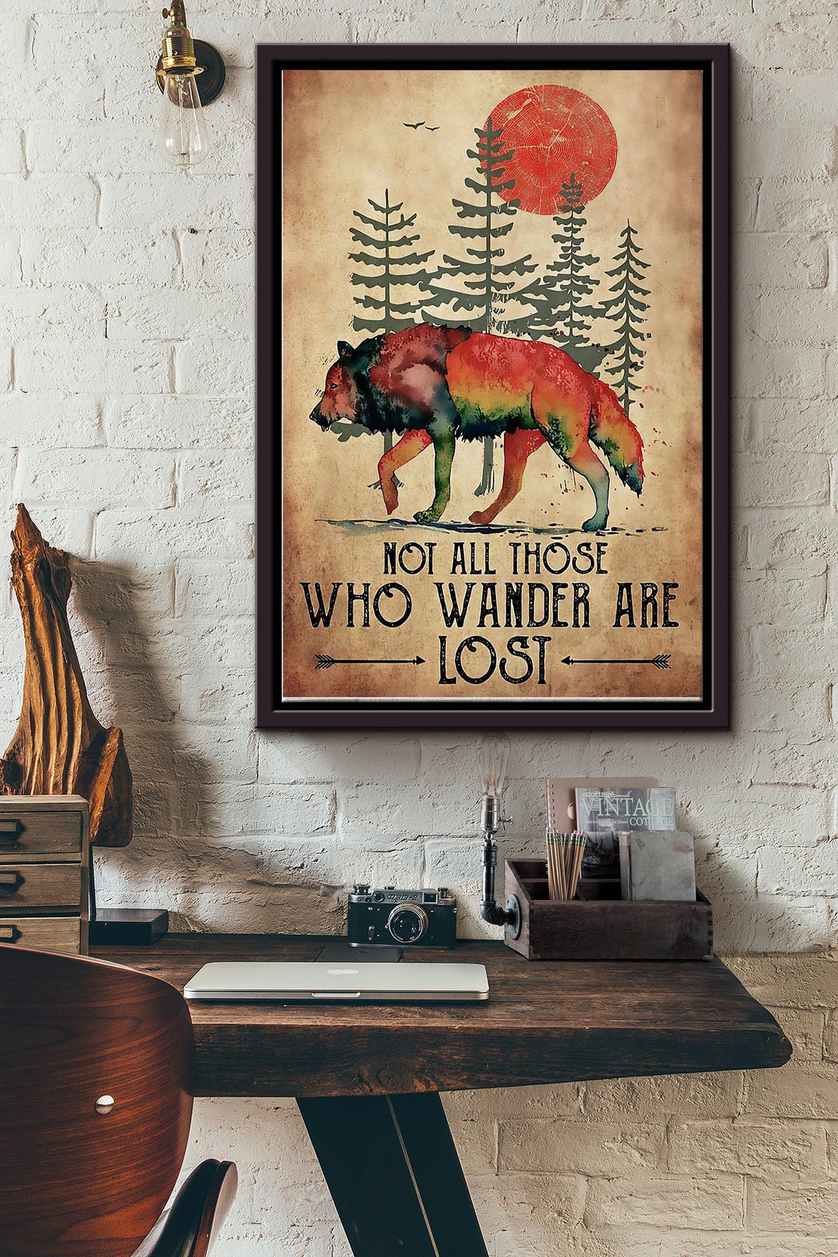 Not All Those Who Wander Are Lost Wolf In The Forest Red Moon In Sky Poster Framed Matte Canvas
