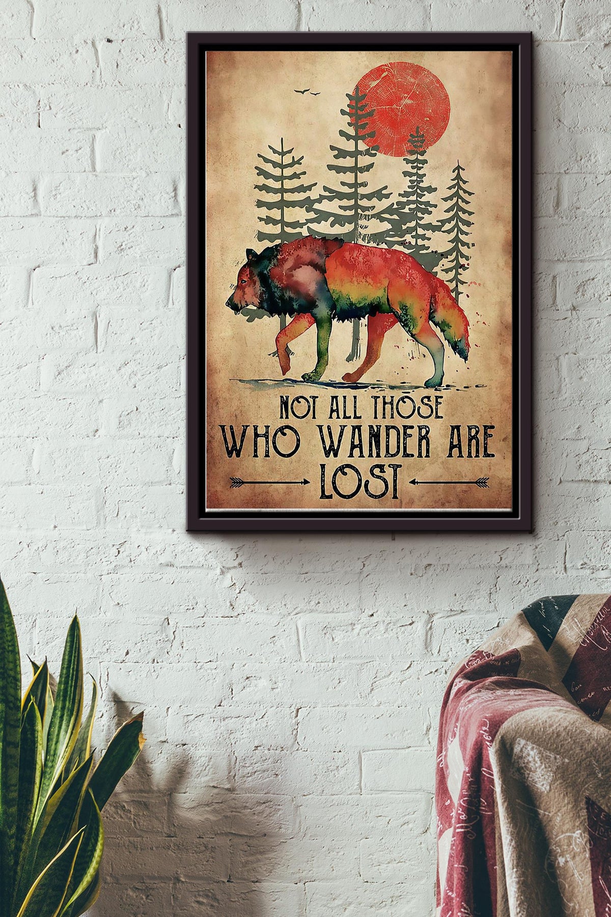 Not All Those Who Wander Are Lost Wolf In The Forest Red Moon In Sky Poster Framed Matte Canvas