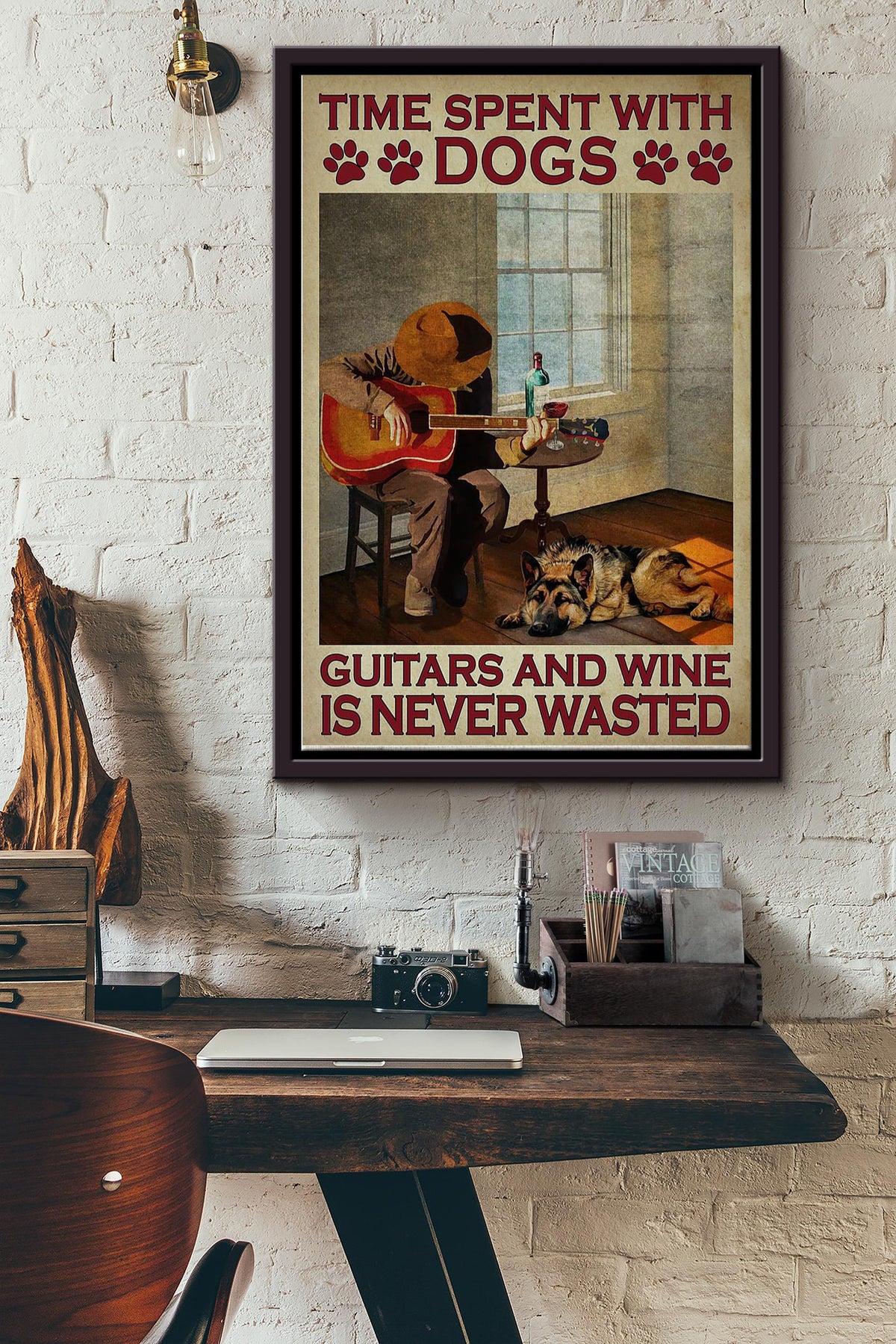 Time Spent With Husky Dogs Guitars And Wine Is Never Wasted Poster Framed Matte Canvas