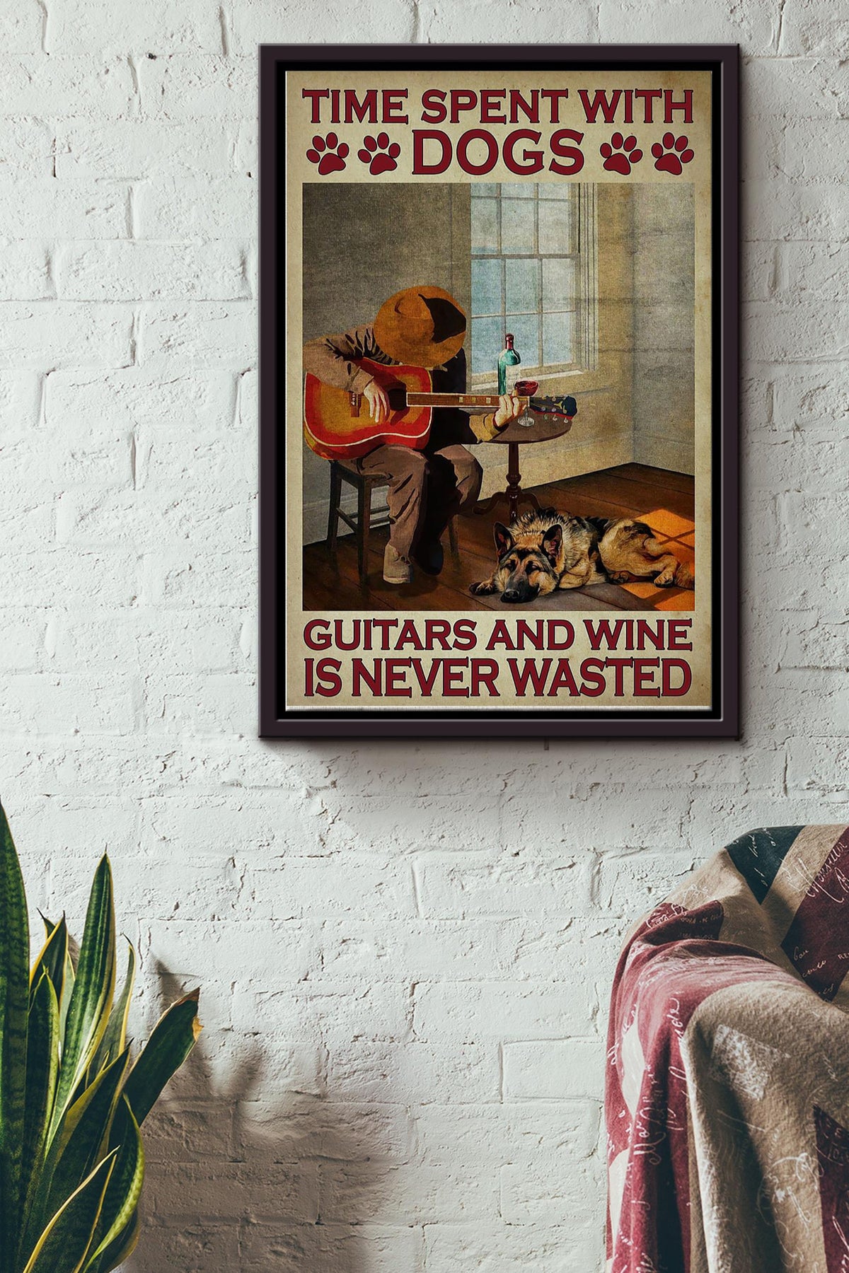 Time Spent With Husky Dogs Guitars And Wine Is Never Wasted Poster Framed Matte Canvas