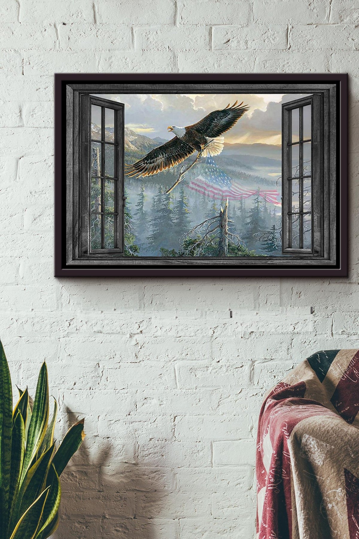 Window Flying Eagle In Fall Forest Poster n Framed Matte Canvas
