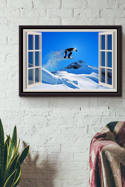 Window View Skiing Mountain Morning Poster n Framed Matte Canvas