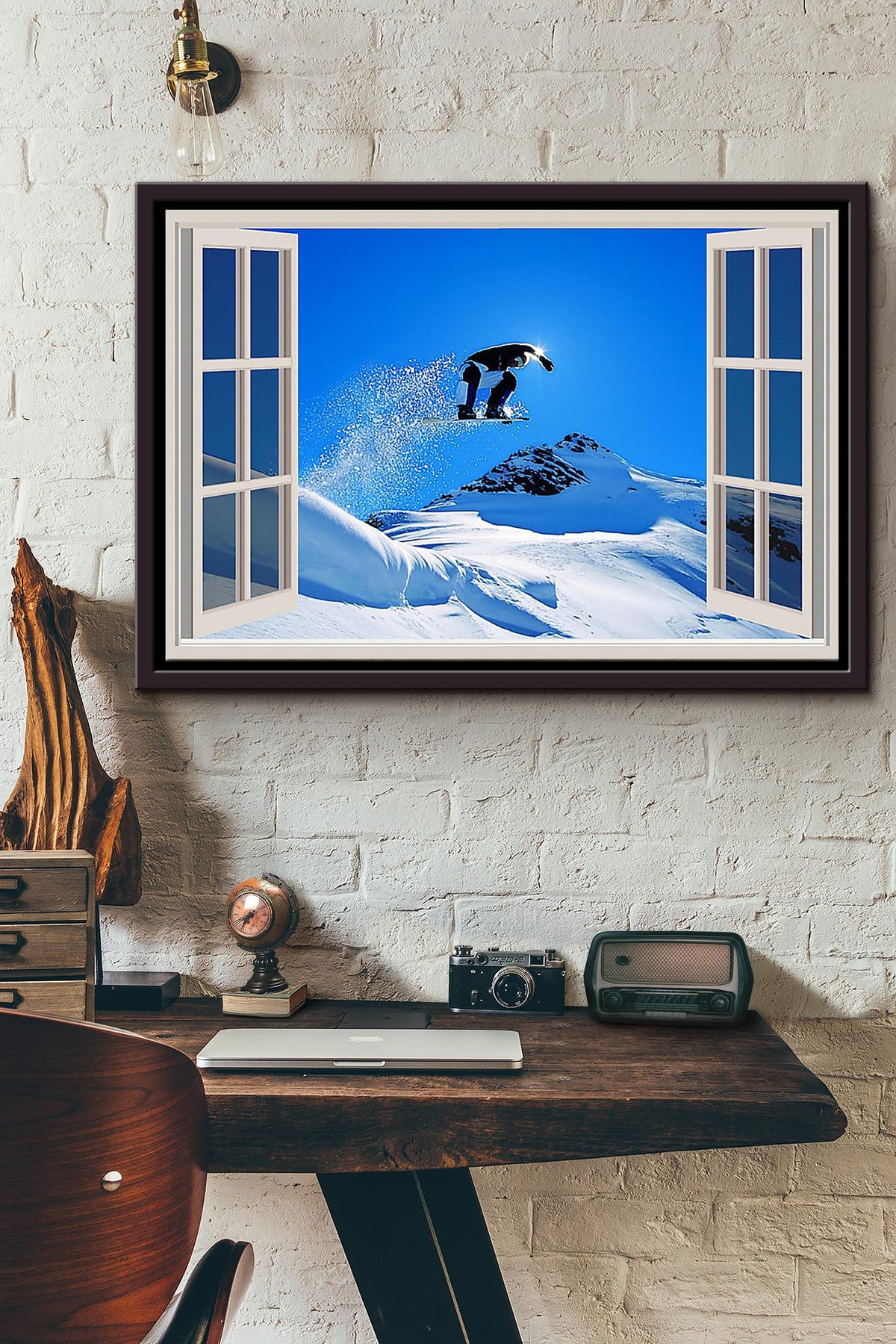 Window View Skiing Mountain Morning Poster n Framed Matte Canvas