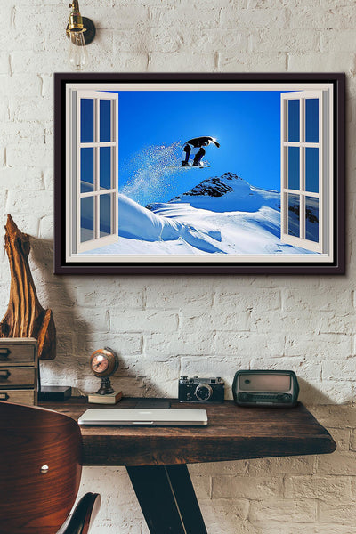 Window View Skiing Mountain Morning Poster n Framed Matte Canvas