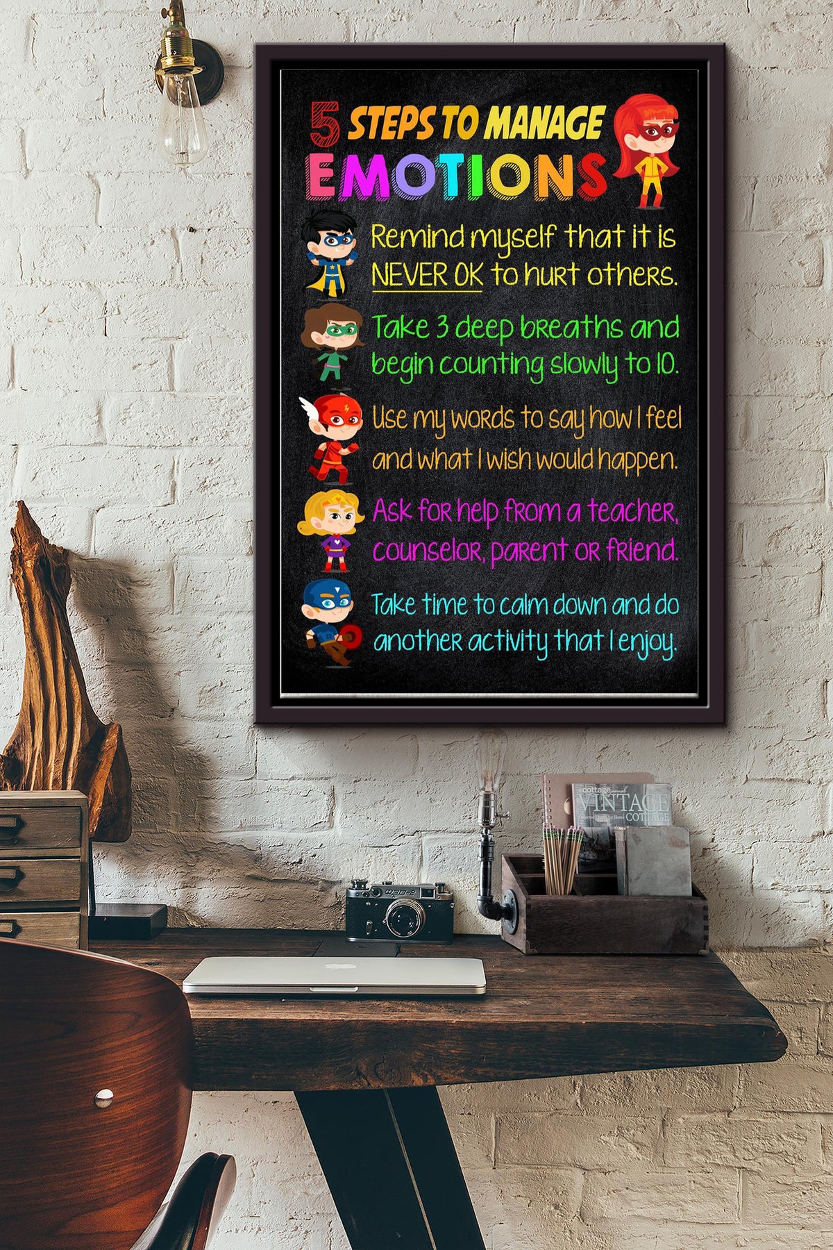 Teacher 5 Steps To Manage Emotions Framed Canvas Photo Print Wall Art Canvas Wall Hangings Room Art Decor Framed Matte Canvas Framed Prints, Canvas
