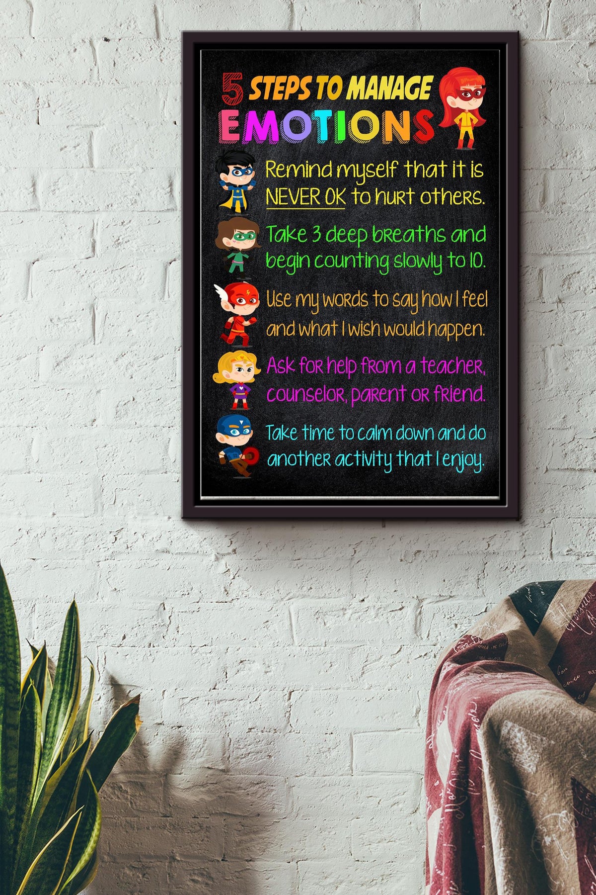 Teacher 5 Steps To Manage Emotions Framed Canvas Photo Print Wall Art Canvas Wall Hangings Room Art Decor Framed Matte Canvas Framed Prints, Canvas