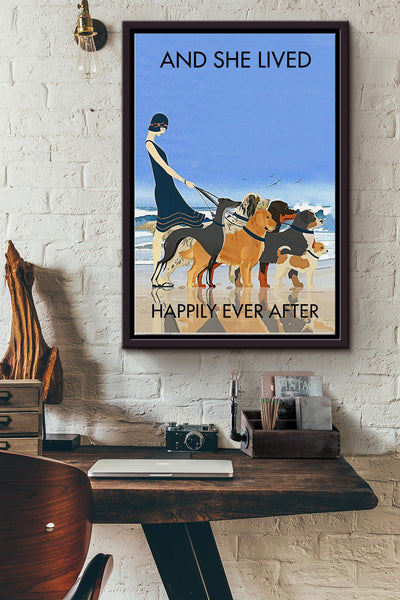 She Lived Happily Ever After With Her Dogs Poster - Decor Wall Art - Gift Girl Women Dog Mom Dog Lover Home Decor Beach Lover Framed Matte Canvas Framed Prints, Canvas