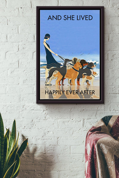 She Lived Happily Ever After With Her Dogs Poster - Decor Wall Art - Gift Girl Women Dog Mom Dog Lover Home Decor Beach Lover Framed Matte Canvas Framed Prints, Canvas