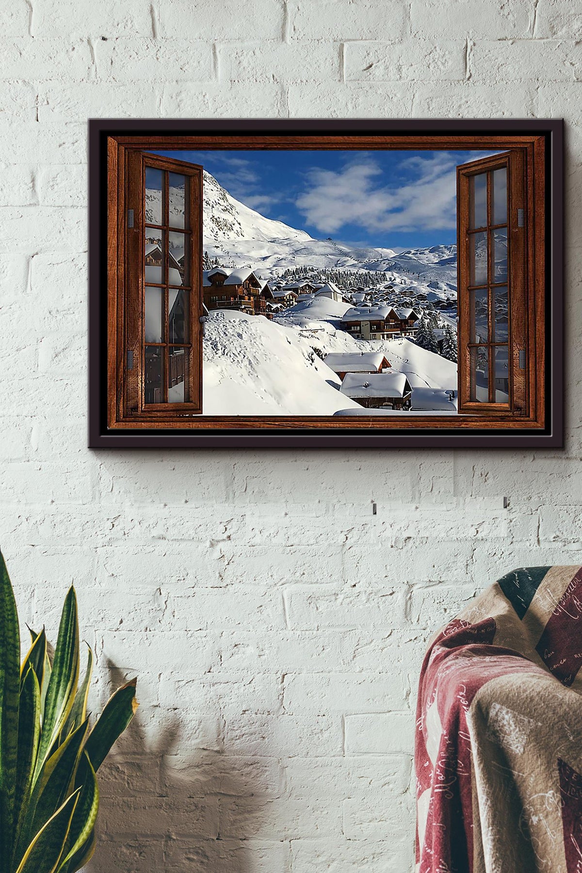 Village Under The Snow Mountain Window View Poster n Framed Matte Canvas