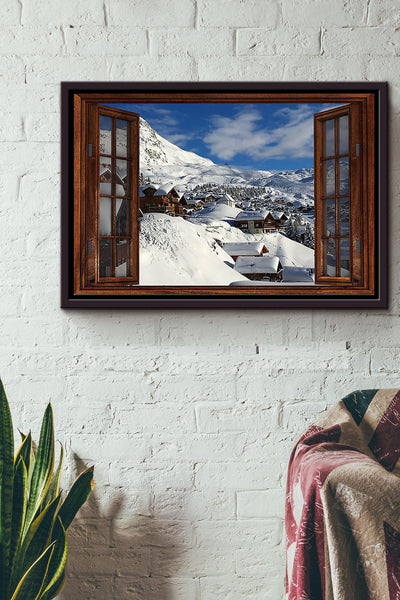 Village Under The Snow Mountain Window View Poster n Framed Matte Canvas
