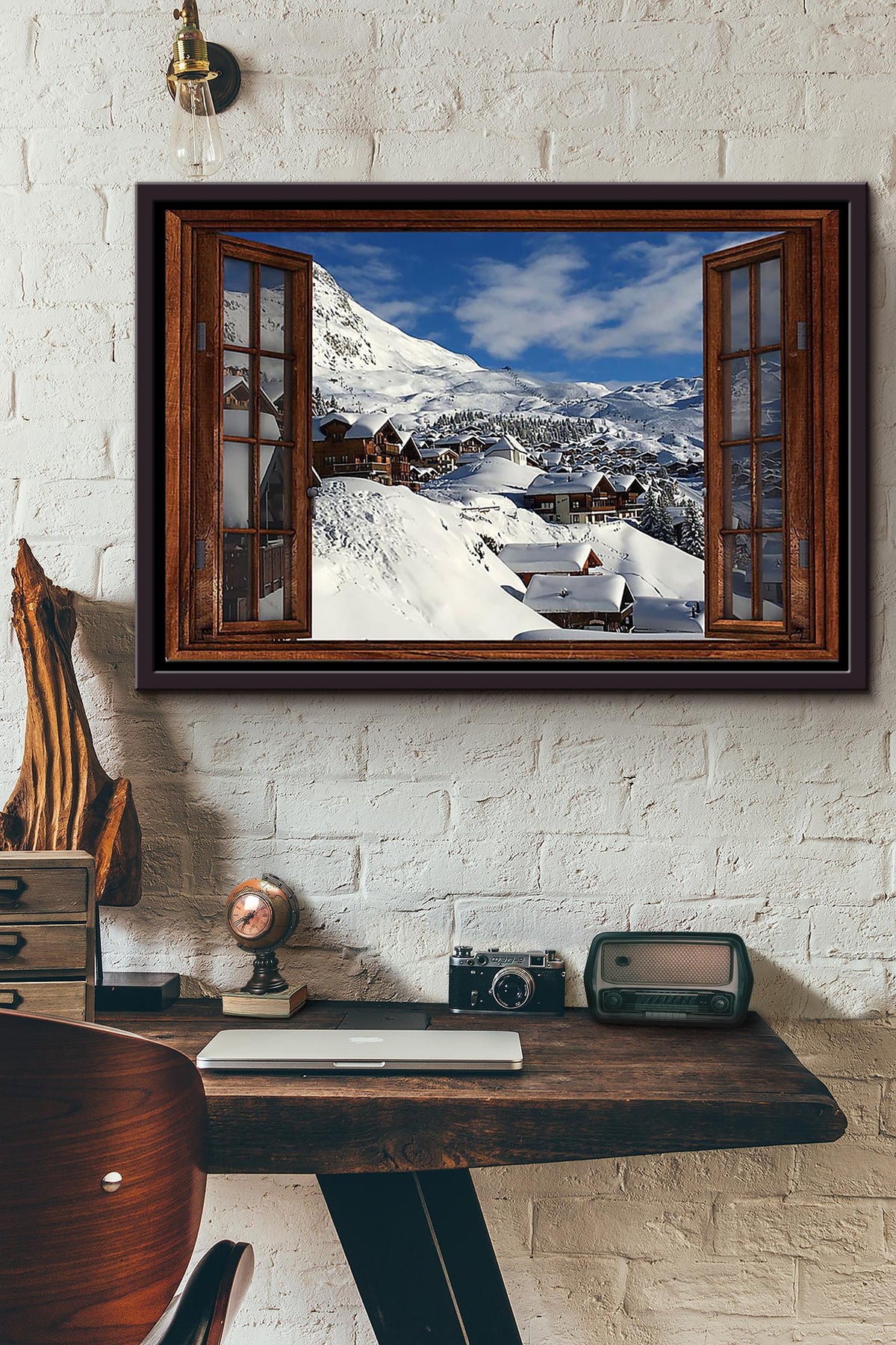Village Under The Snow Mountain Window View Poster n Framed Matte Canvas