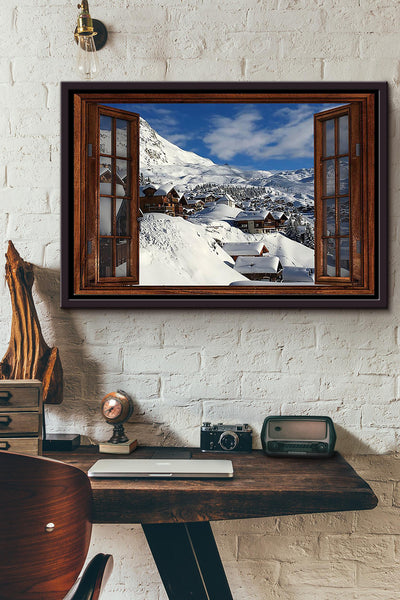 Village Under The Snow Mountain Window View Poster n Framed Matte Canvas
