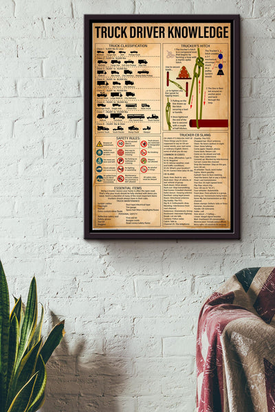 Truck Driver Knowledge Basic Information Poster - Trucker Wall Art - Gift For Trucker Father Fathers Day Framed Matte Canvas Framed Prints, Canvas