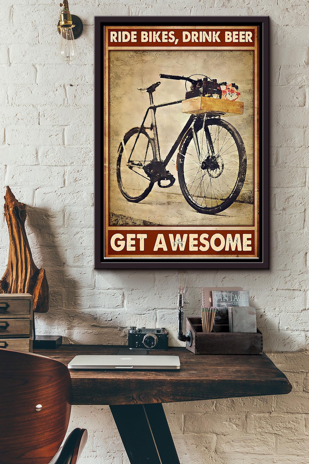 Ride Bikes Drink Beer Get Awesome Cycling Poster Framed Matte Canvas