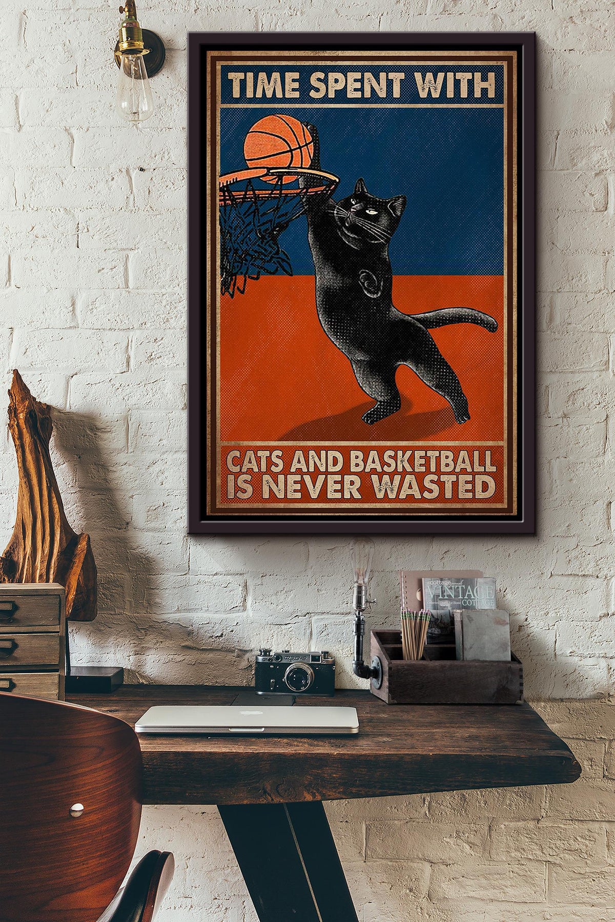 Time Spend With Cats And Basketball Is Never Wasted Poster Gift For Cat Lover Basketball Player Framed Canvas
