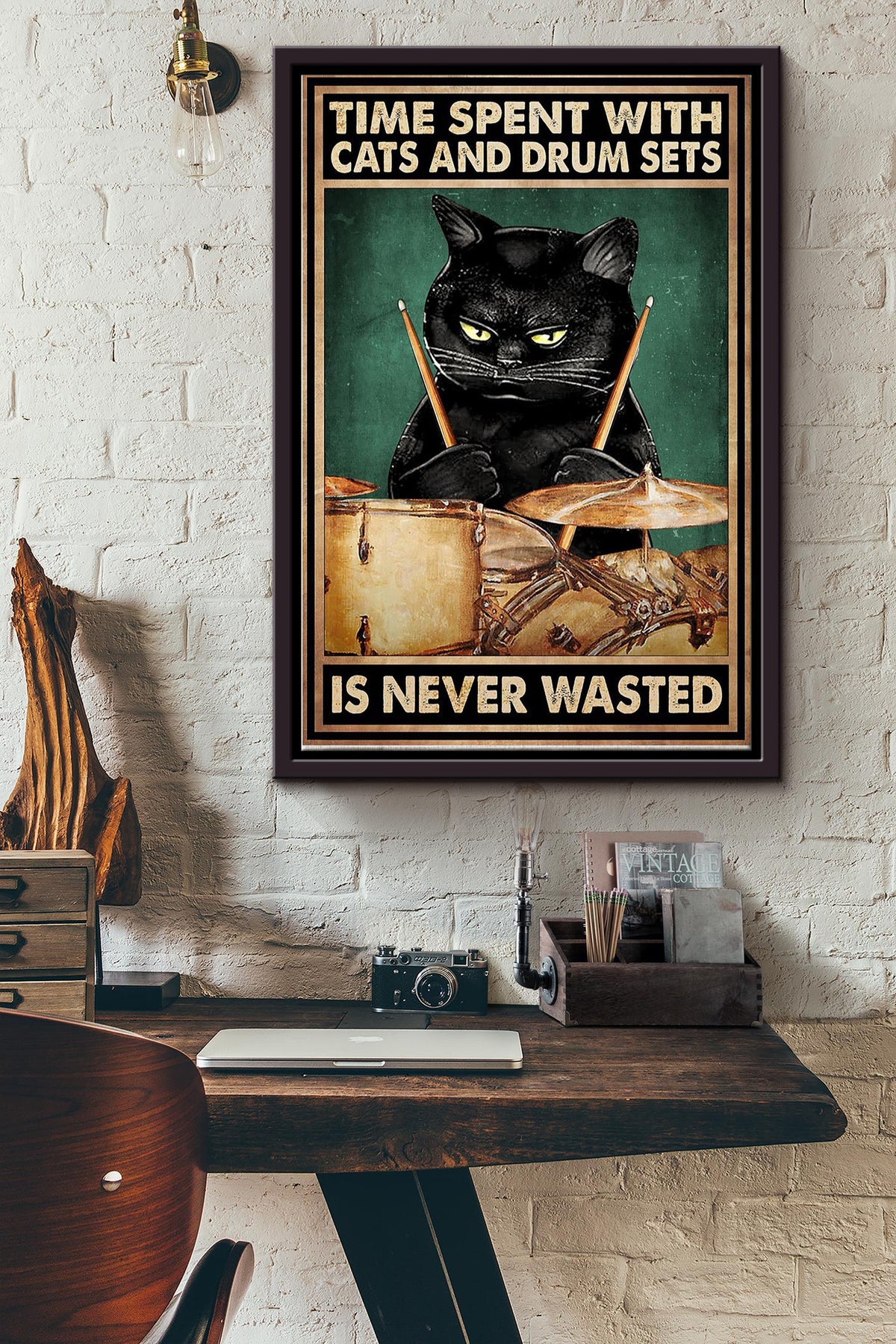 Time Spent With Cats And Drum Sets Is Never Wasted Black Cat Play Drum Poster Framed Matte Canvas