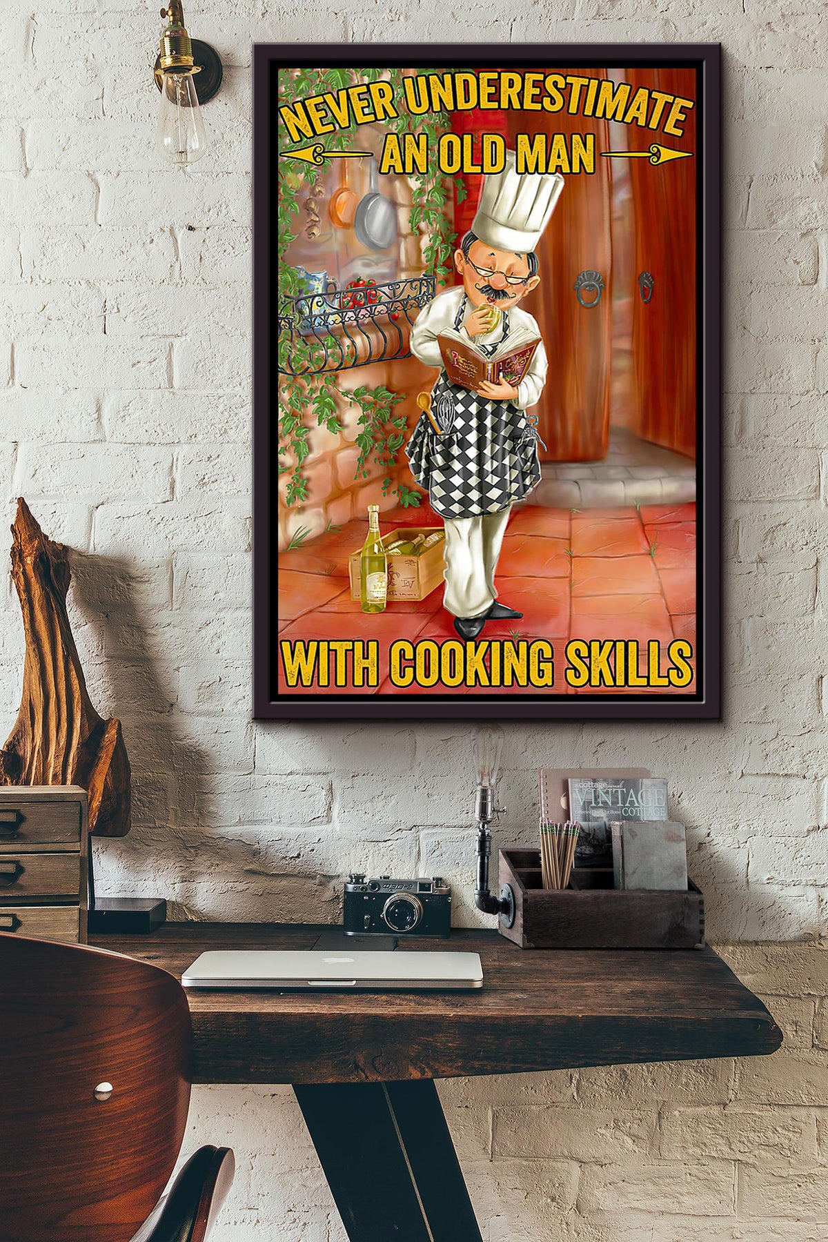 Never Underestimate Chef Motivation Quote Gift For Chef Kitchen Decor Grandfather Framed Canvas