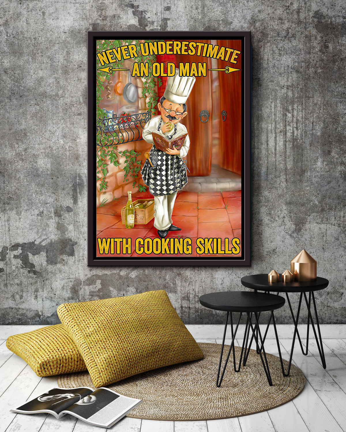 Never Underestimate Chef Motivation Quote Gift For Chef Kitchen Decor Grandfather Framed Canvas