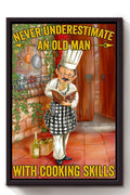 Never Underestimate Chef Motivation Quote Gift For Chef Kitchen Decor Grandfather Framed Canvas