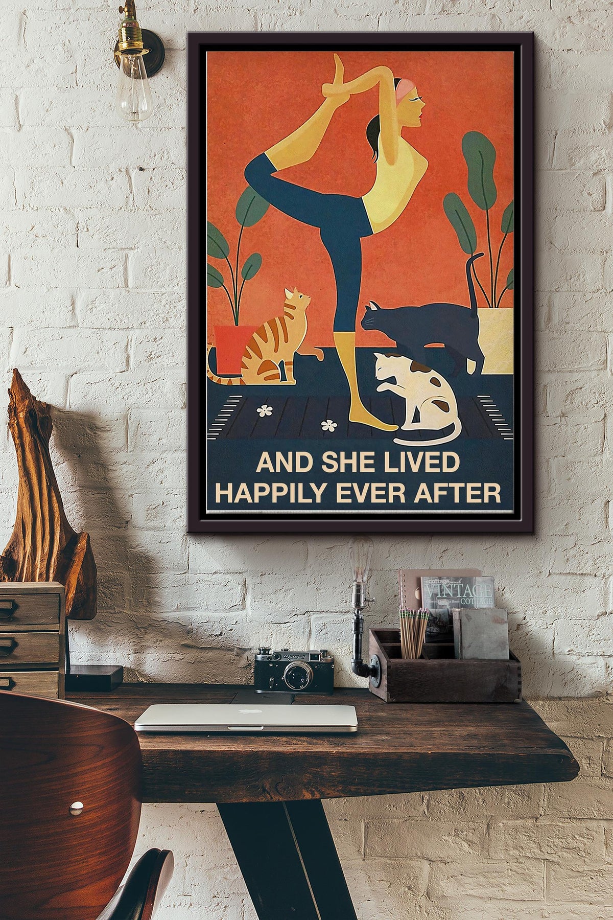 She Lived Happily Ever After Vintage Poster - Women Wall Art - Gift For Cats Lover Girl Yoga Lover Fitness Lover Framed Matte Canvas Framed Prints, Canvas