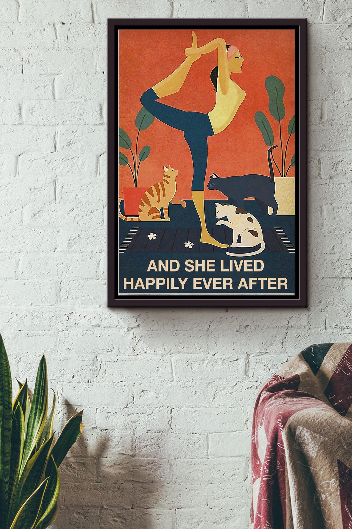 She Lived Happily Ever After Vintage Poster - Women Wall Art - Gift For Cats Lover Girl Yoga Lover Fitness Lover Framed Matte Canvas Framed Prints, Canvas