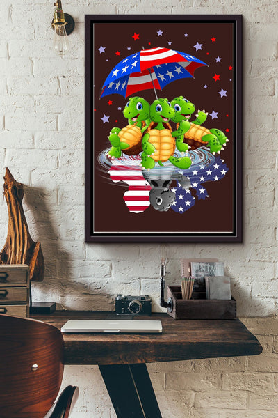 Turtle Under America Umbrella Poster Framed Matte Canvas