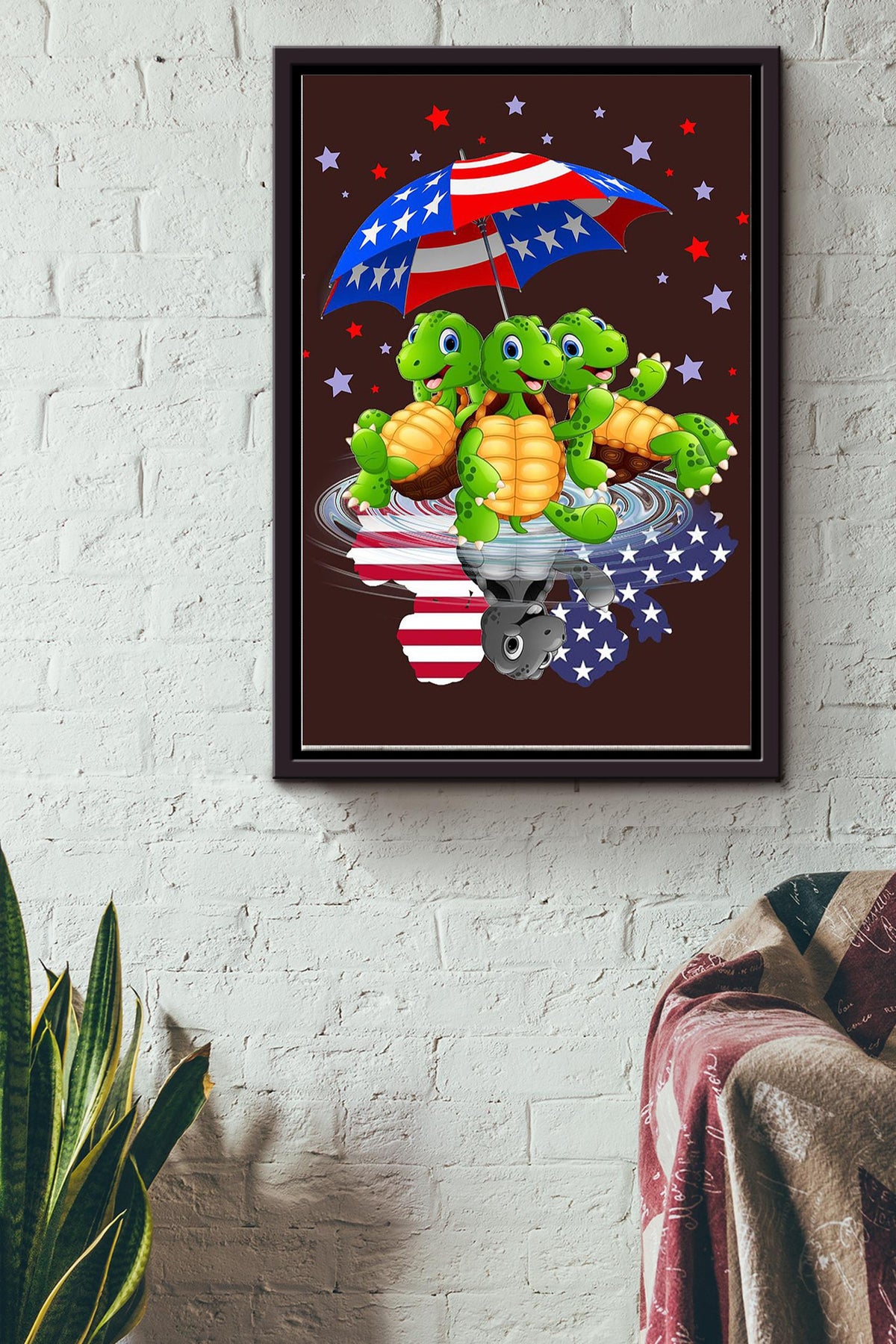 Turtle Under America Umbrella Poster Framed Matte Canvas