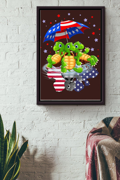 Turtle Under America Umbrella Poster Framed Matte Canvas