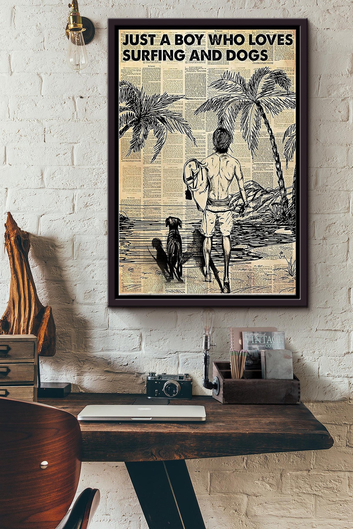 Surfer Just A Boy Who Loves Surfing And Dogs Framed Matte Canvas