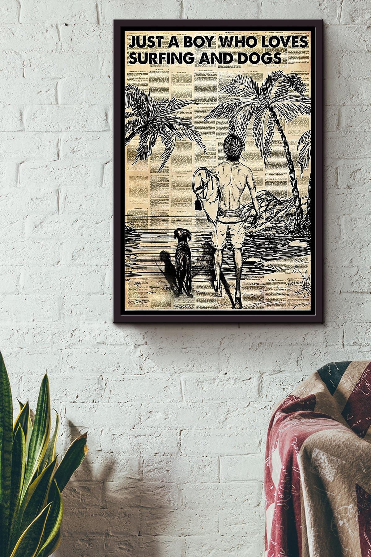 Surfer Just A Boy Who Loves Surfing And Dogs Framed Matte Canvas