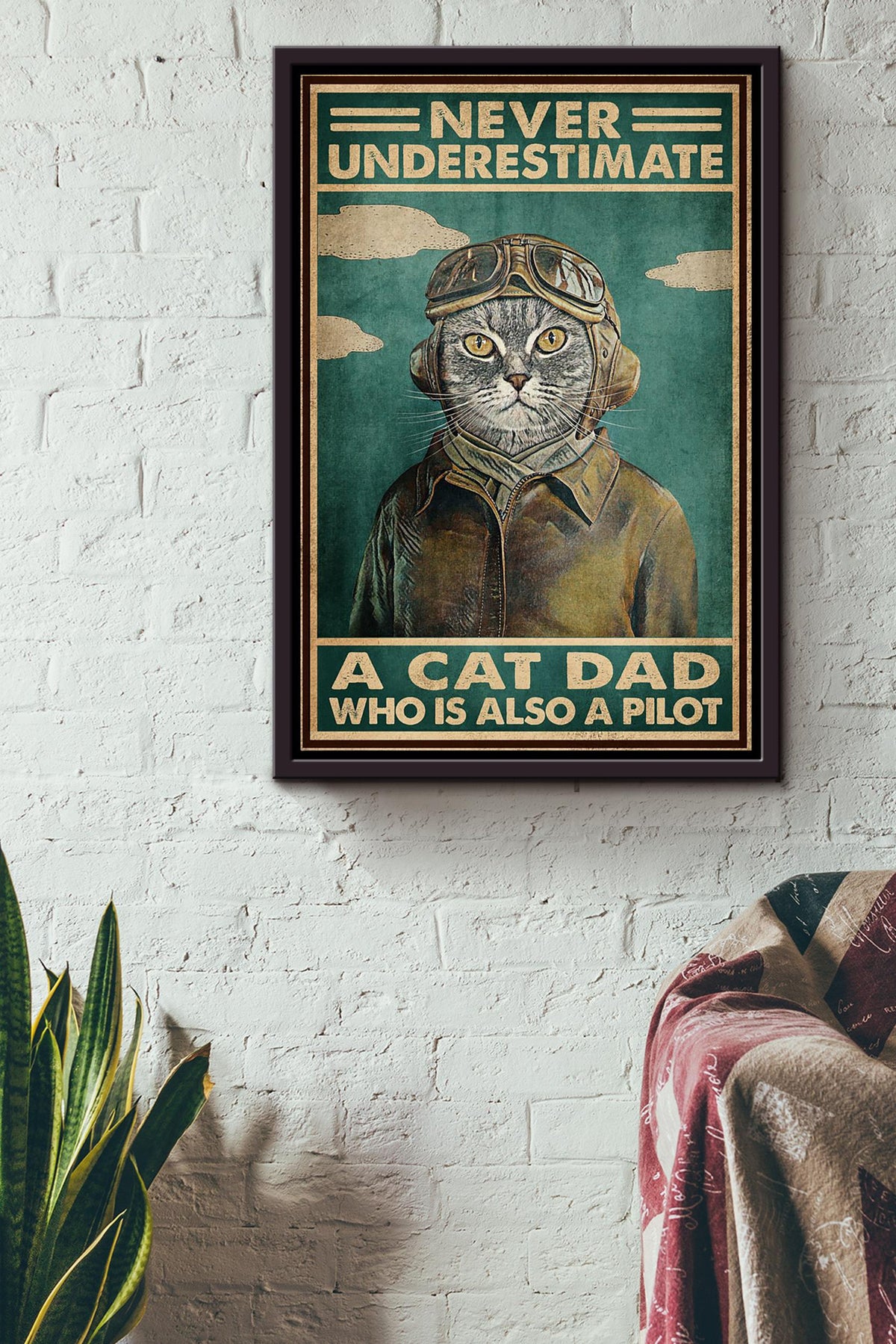 Never Underestimate Pilot Cat Dad Gift For Cat Lover Retired Pilot Framed Canvas