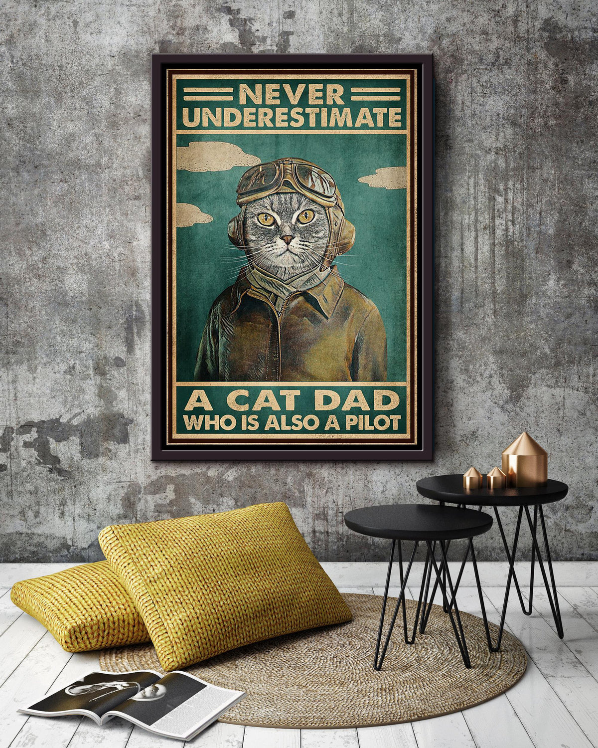 Never Underestimate Pilot Cat Dad Gift For Cat Lover Retired Pilot Framed Canvas