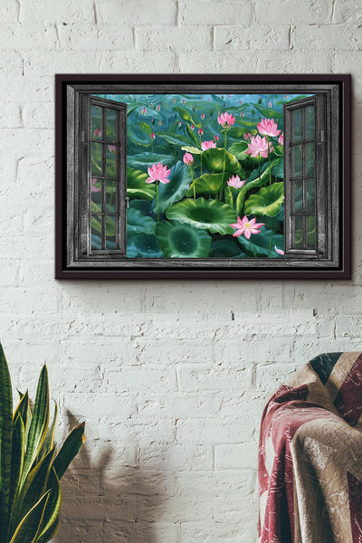 Window View Lotus Lake Poster n Framed Matte Canvas