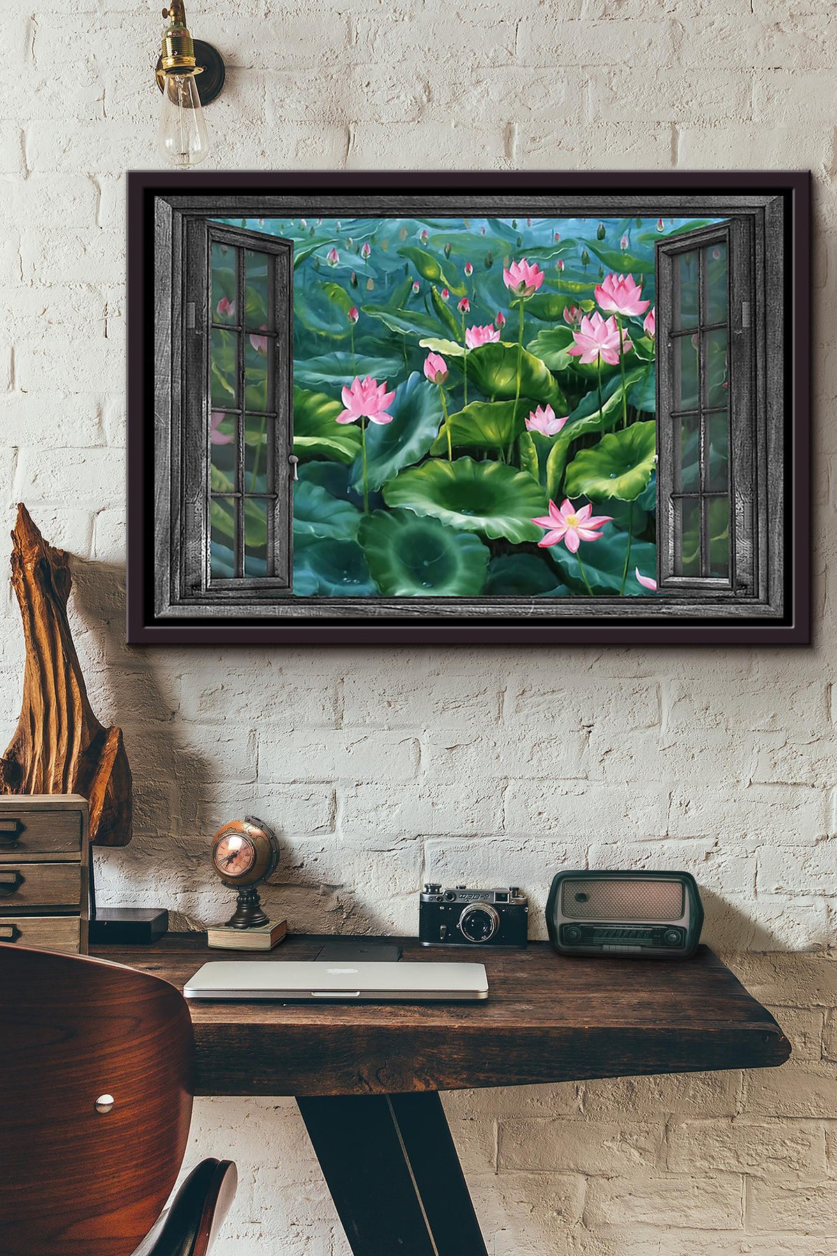 Window View Lotus Lake Poster n Framed Matte Canvas