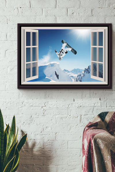 Skiing High Window View Poster n Framed Matte Canvas