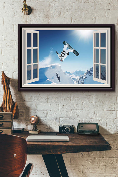 Skiing High Window View Poster n Framed Matte Canvas