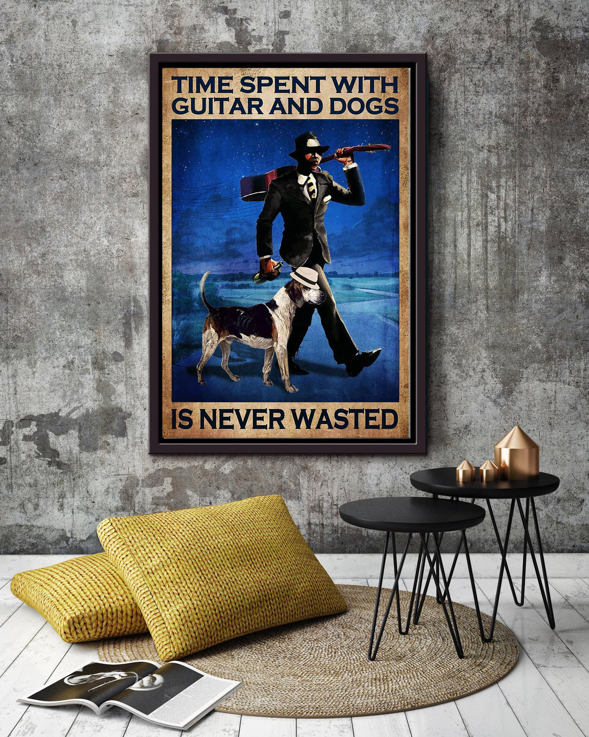 Time Spent With Guiter And Dogs Is Never Wasted Dog Wall Art For Home Decor Framed Matte Canvas Framed Prints, Canvas
