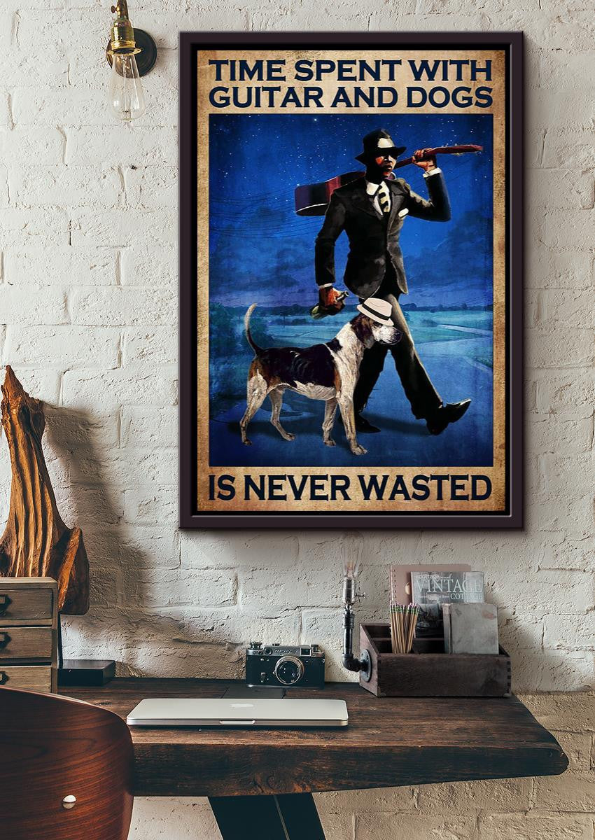 Time Spent With Guiter And Dogs Is Never Wasted Dog Wall Art For Home Decor Framed Matte Canvas Framed Prints, Canvas