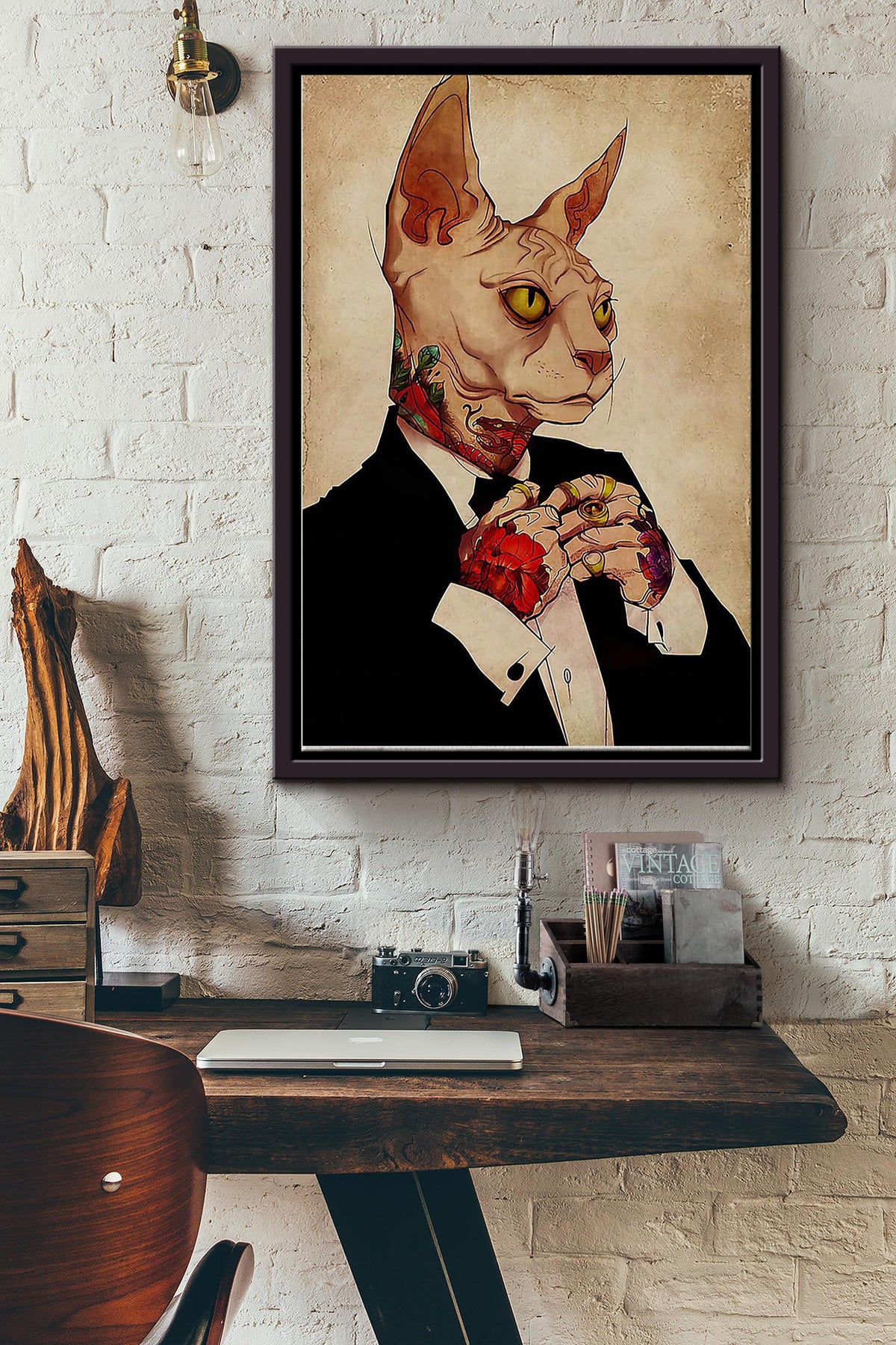 Sphynx Cat In Vest And Tattos Poster Framed Matte Canvas