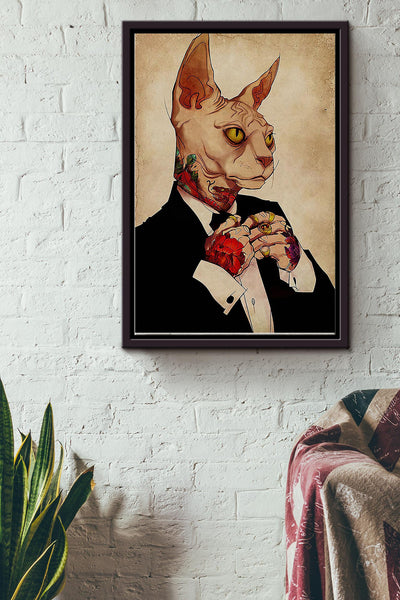 Sphynx Cat In Vest And Tattos Poster Framed Matte Canvas