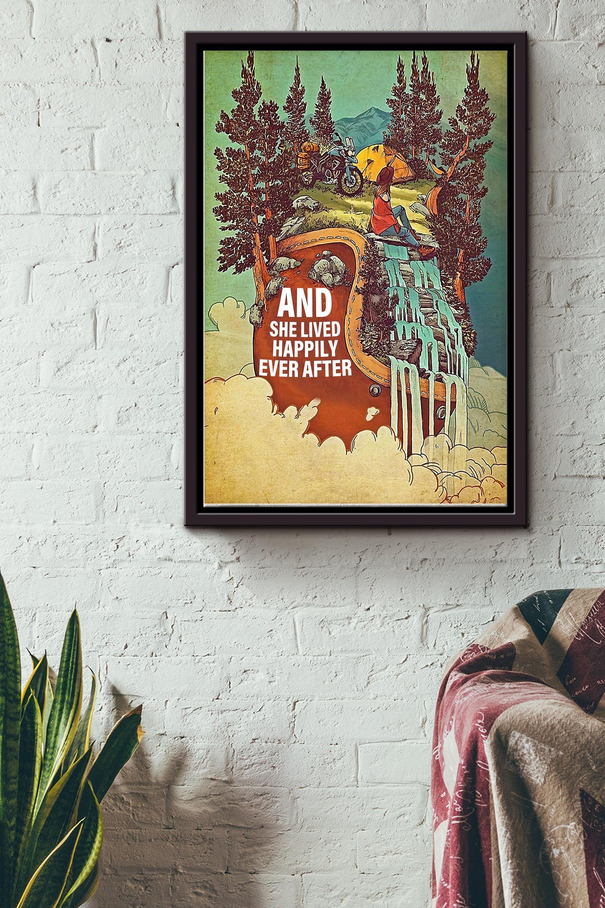 She Lived Happily Ever After Vintage Poster - Decor Wall Art - Gift For Camper Camping Lover Traveling Lover Framed Matte Canvas Framed Prints, Canvas