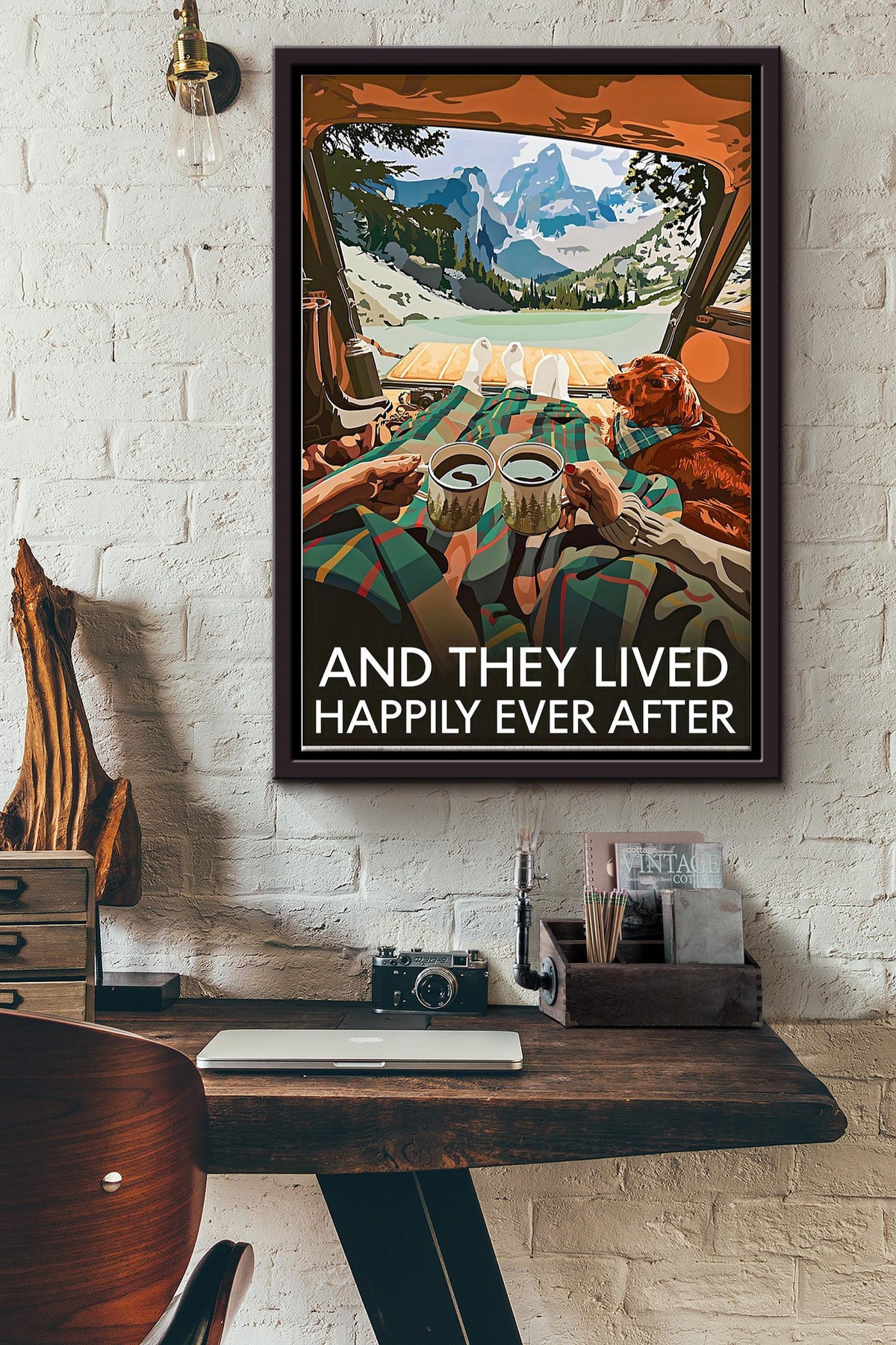 They Lived Happily Ever After Camping Vintage Poster - Decor Wall Art - Gift For Camper Couple Traveling Lover Wife Husband Framed Matte Canvas Framed Prints, Canvas