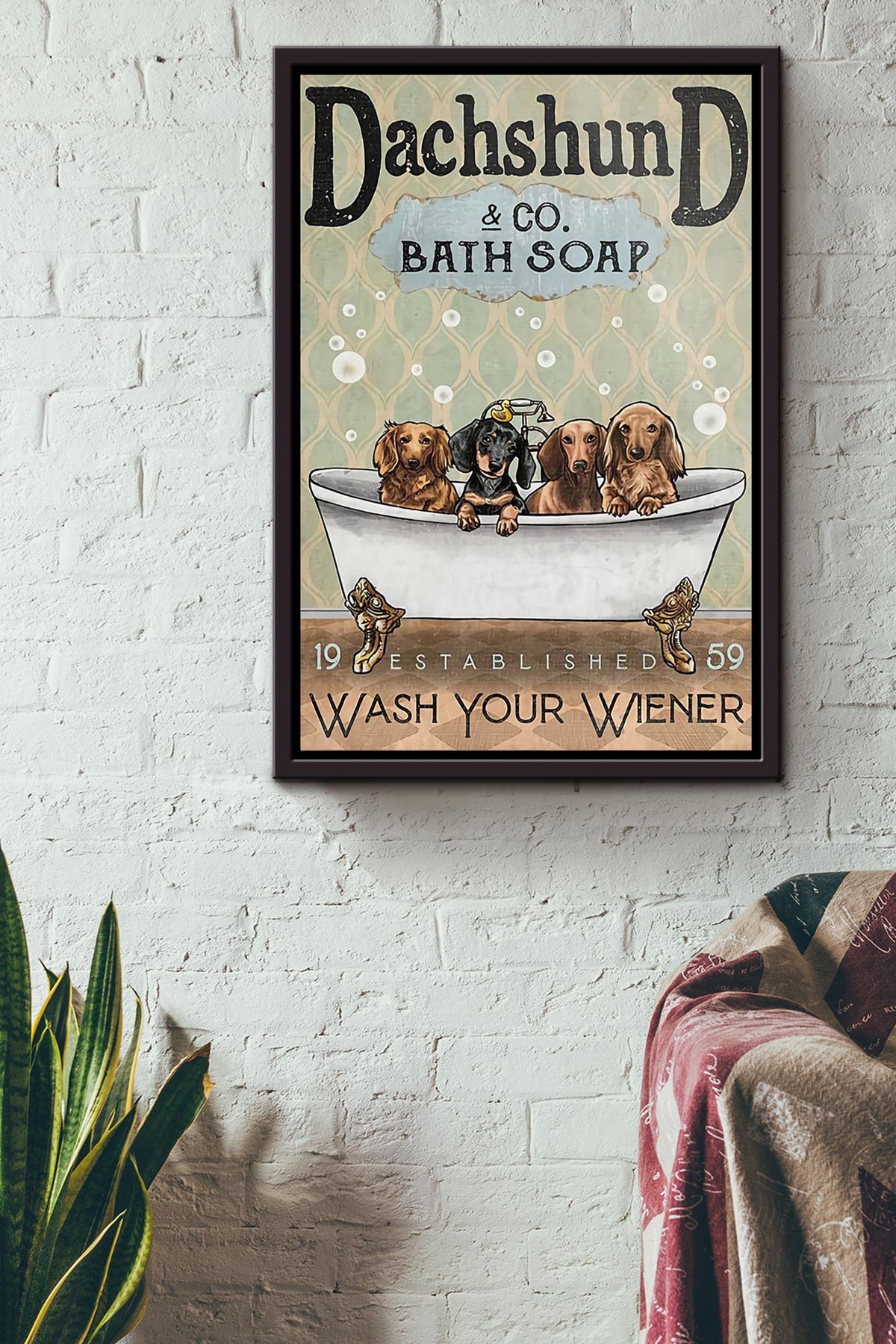 Wash Your Weiner Poster Bathroom Wall Decor For Dachshund Foster Dog Lover (3) Framed Canvas