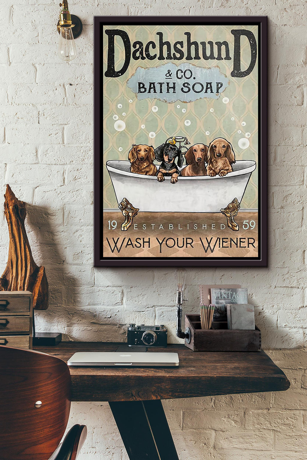 Wash Your Weiner Poster Bathroom Wall Decor For Dachshund Foster Dog Lover (3) Framed Canvas