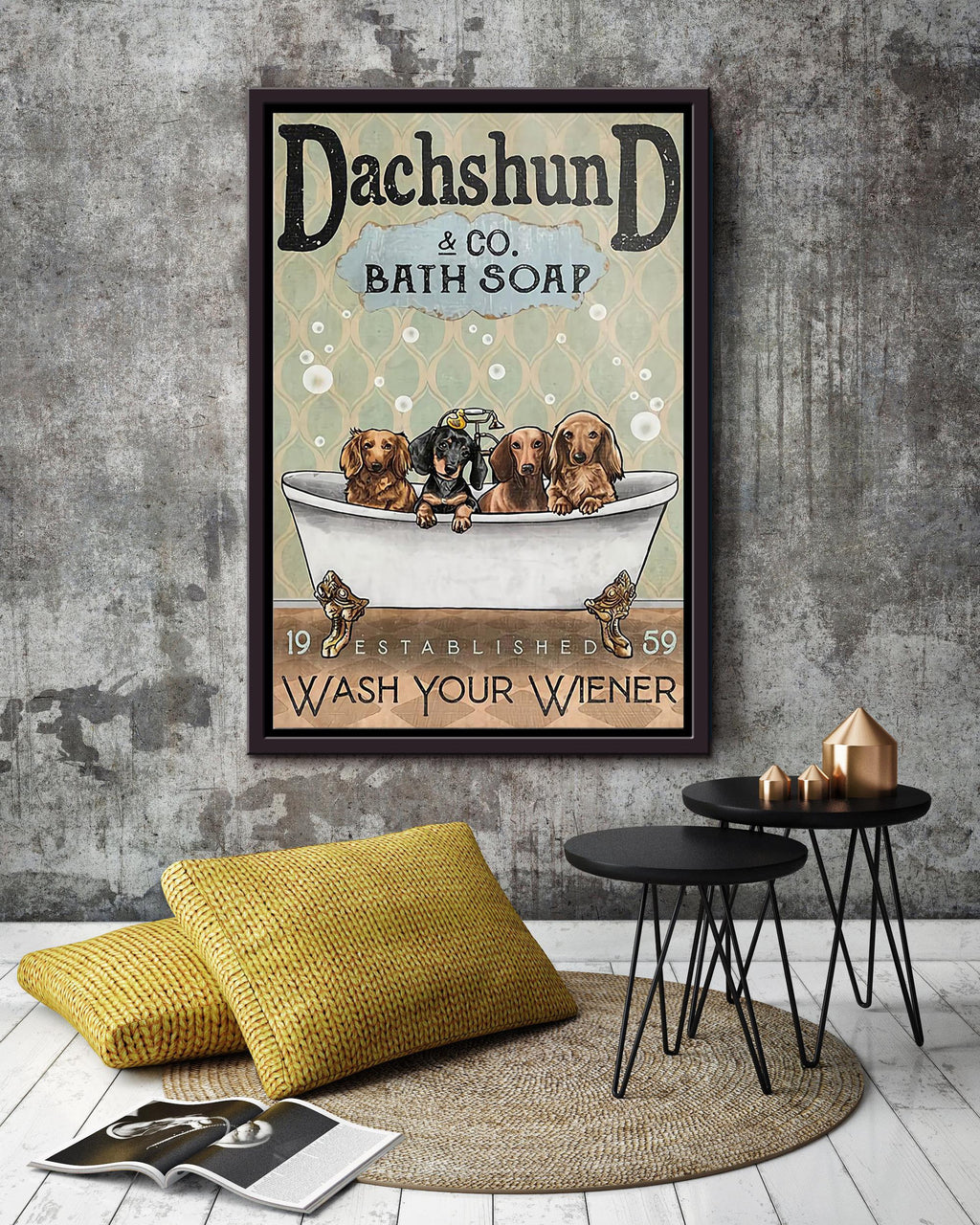 Wash Your Weiner Poster Bathroom Wall Decor For Dachshund Foster Dog Lover (3) Framed Canvas