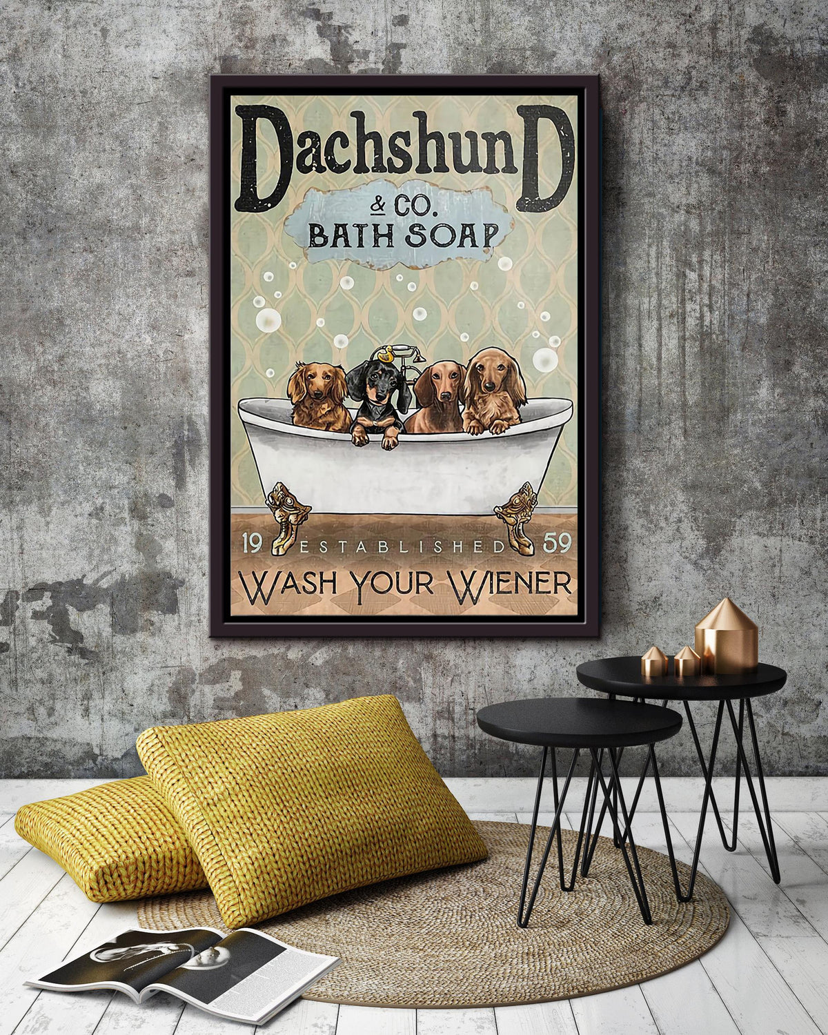 Wash Your Weiner Poster Bathroom Wall Decor For Dachshund Foster Dog Lover (3) Framed Canvas