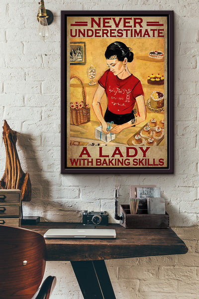 Never Underestimate Lady With Baking Skills Gift For Baker Bakery Decor Framed Canvas
