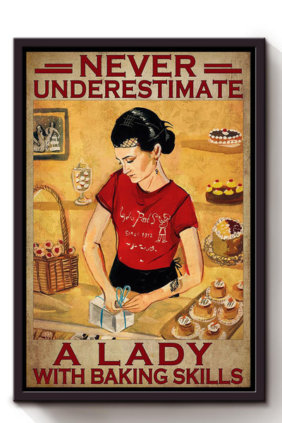 Never Underestimate Lady With Baking Skills Gift For Baker Bakery Decor Framed Canvas